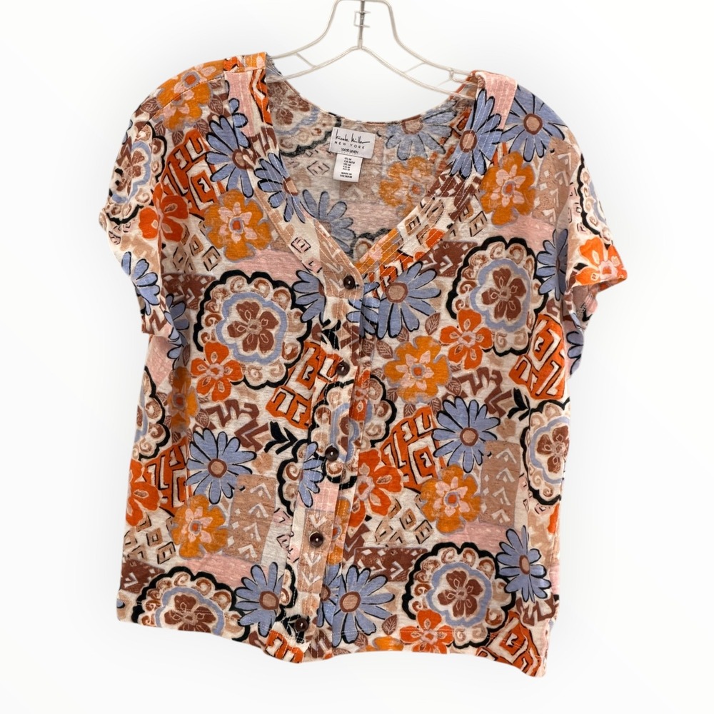 Nicole Miller New York 100% Linen Floral Button Front V‑Neck Short Sleeve Top M